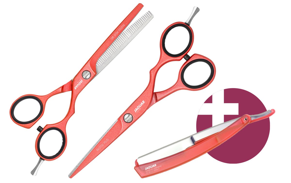 Hair Scissor Set JAGUAR PASTELL PLUS OFFSET CORAL 5.5 + Straight Razor R1 M