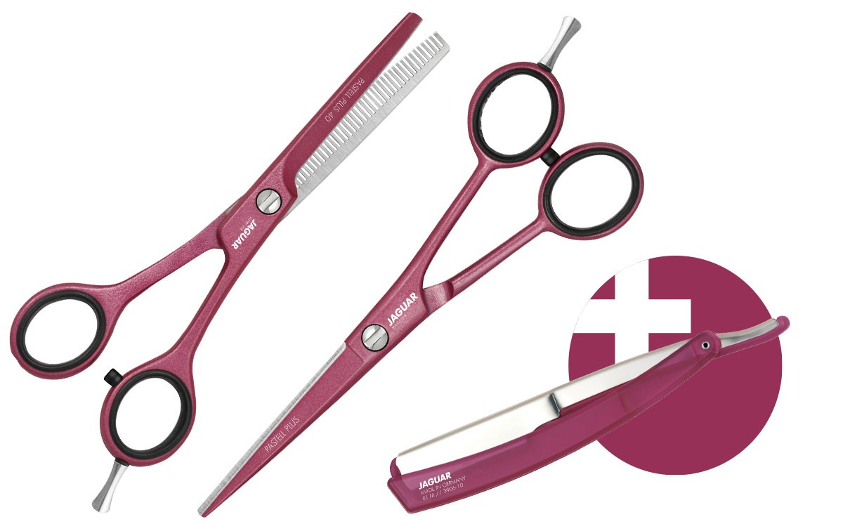 Hair Scissor Set JAGUAR PASTELL PLUS BERRY 5.5 + Straight Razor R1 M