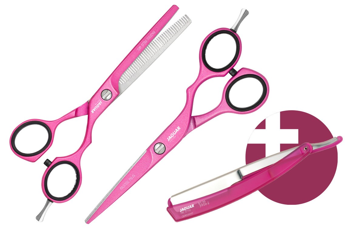 Hair Scissor Set JAGUAR PASTELL PLUS OFFSET CANDY 5.5 + Straight Razor R1 M