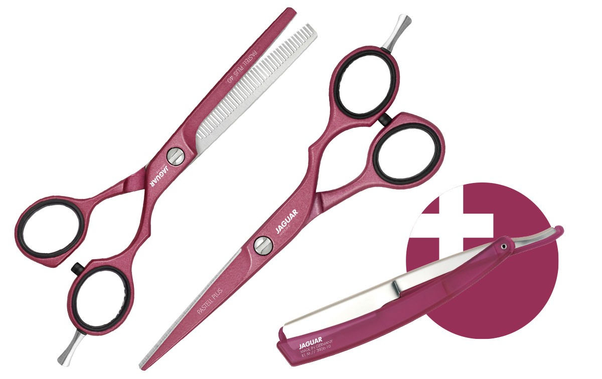 Hair Scissor Set JAGUAR PASTELL PLUS OFFSET OFFSET BERRY 5.5 + Straight Razor R1 M