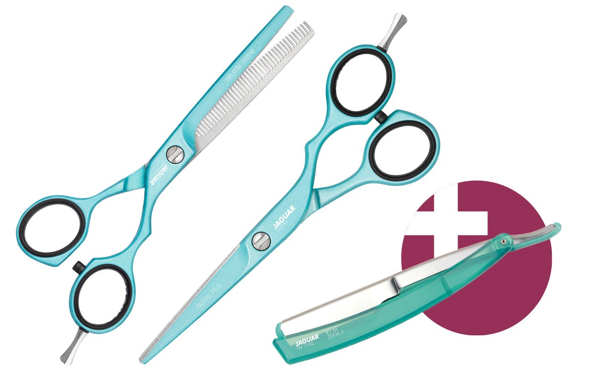 Hair Scissor Set JAGUAR PASTELL PLUS OFFSET MINT 5.5 + Straight Razor R1 M