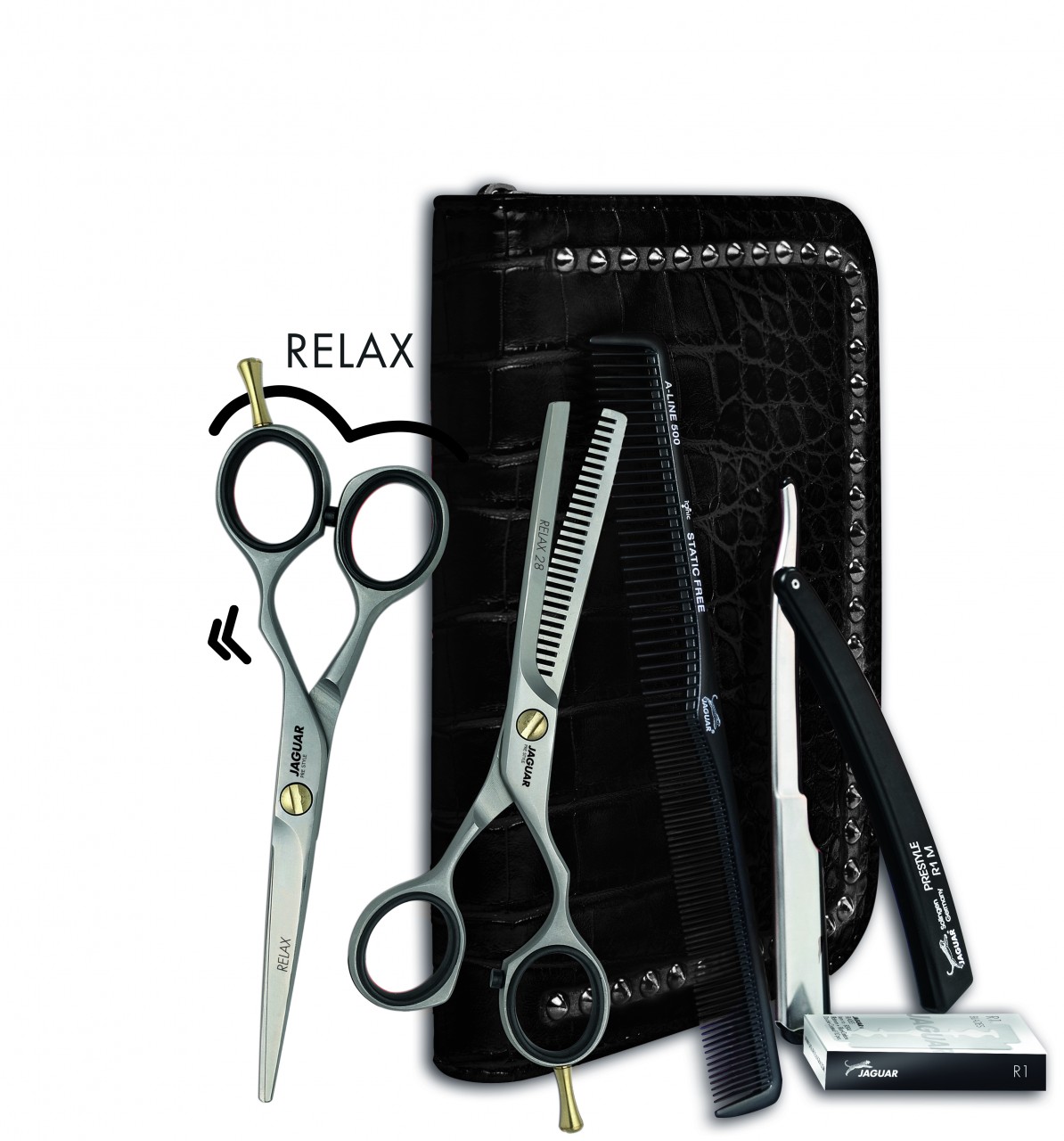 BASIC SET "TAKE IT" mit Haarschere, Modellierschere, Kamm, Rasiermesser, Klingen und Werkzeugtasche