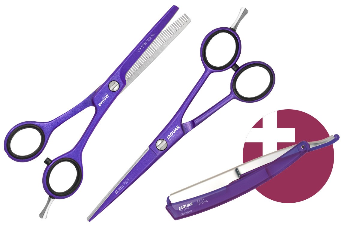 Hair Scissor Set JAGUAR PASTELL PLUS VIOLA 5.5 + Straight Razor R1 M