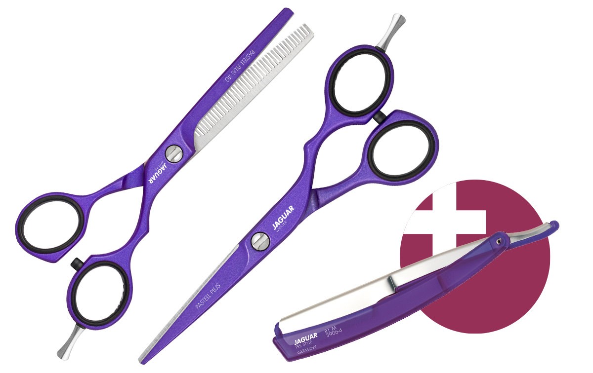 Hair Scissor Set JAGUAR PASTELL PLUS OFFSET VIOLA 5.5 + Straight Razor R1 M